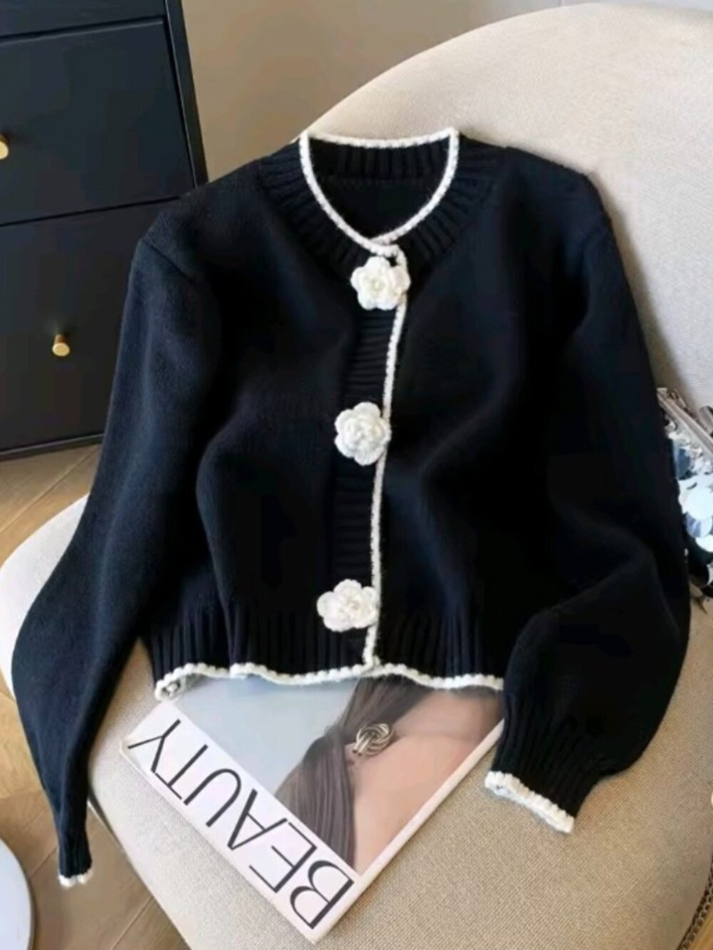 Women's Black Gothic 3D Floral Cardigan Sweater Vintage 2000s Y2k Emo Knitwear